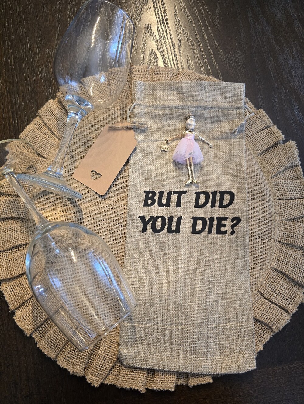 Funny Skeleton Tutu Wine Bottle Bag Beige Burlap Gift Sack Bachelorette Girls🍷